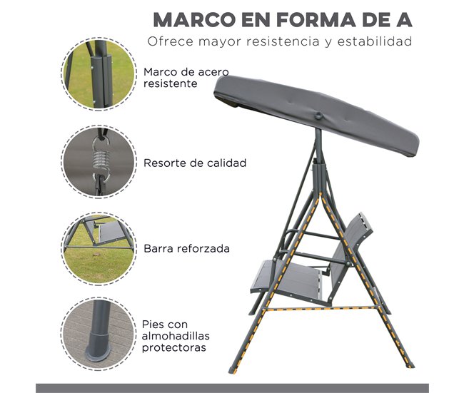 Baloiço de Jardim de 3 Lugares Metal, Poliéster e Têxtilene Cinza
