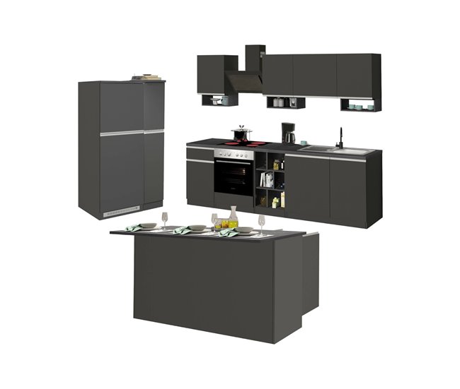 Cozinha completa daquilant, conjunto com despensa, armário de cozinha, kit bloco com ilha e suporte para frigorífico, 100% made in italy, branco brilhante e carvalho