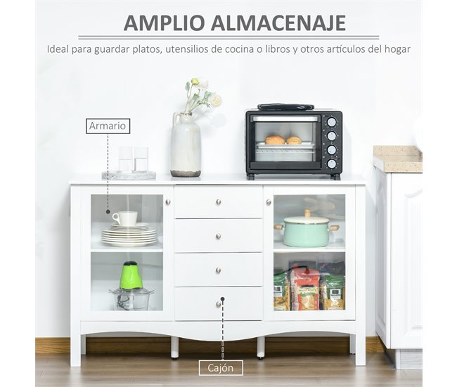 Aparador de Cozinha MDF, Vidro Temperado HOMCOM 136 Branco