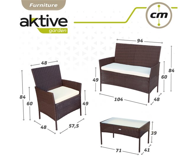 Conjunto de mobiliário de terraço Aktive, poltronas, sofá e mesa de rotim Preto