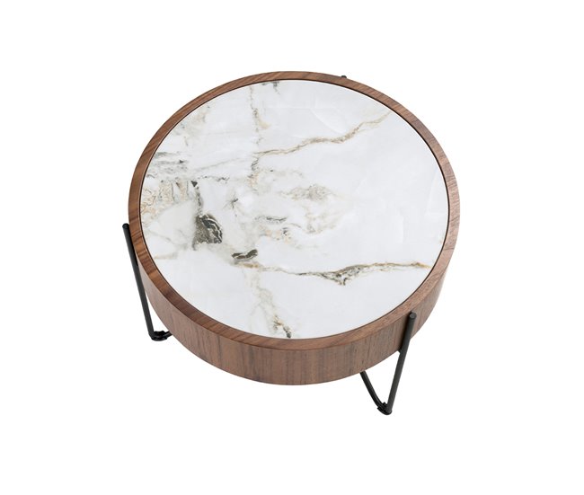 ANGEL CERDA Mesa de canto redonda em mármore porcelânico, nogueira e aço preto Branco/ Madeira