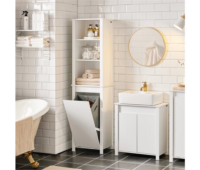 Armário alto de banho com 3 prateleiras e 1 cesto BZR102-W SoBuy Branco