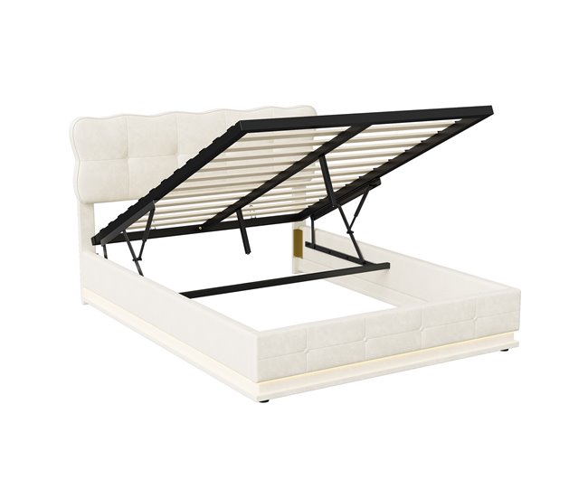 Cama boxspring hidráulica com led, estrado e armazenamento