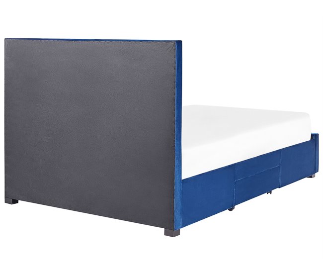 Beliani Cama com armazenamento Veludo LIEVIN 145x217 Azul Marino