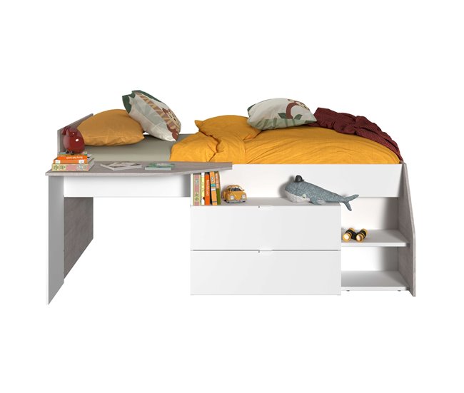 Cama infantil Valky com escrivaninha e 2 gavetas 203x135 Branco/cinza