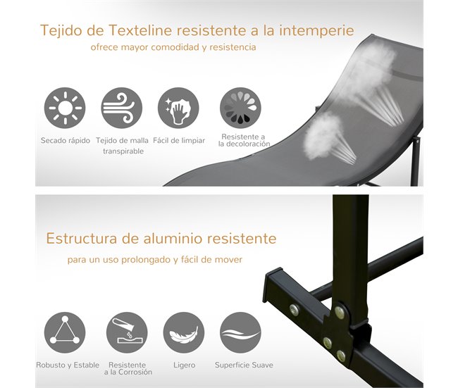2 espreguiçadeiras dobráveis Aluminum, Texteline Outsunny Cinza