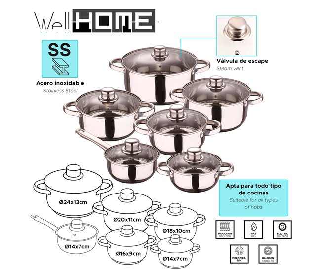 Conjunto de panelas Well Home de 12 peças + 3 panelas Cinza