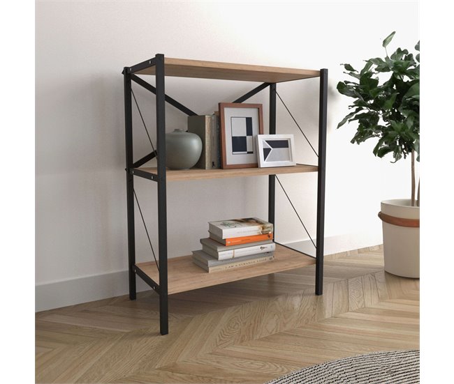 Estante para sala de estar Rus com 3 prateleiras Preto/ Madeira