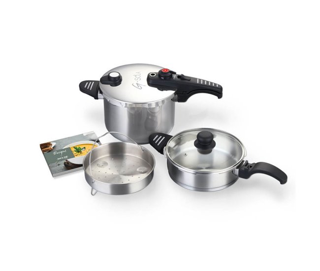 G-sola conjunto de panelas de pressão 2,5?l e 6?l – aço inoxidável 18/10, tripla segurança, cozimento rápido e super rápido, compatível com todos os tipos de fogões, inclui tampa, cesto e livro de receitas david de jorge