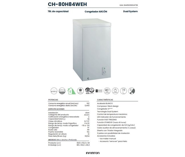 INFINITON Congelador Horizontal CH-80H84WEH, 78 litros, Congelação rápida, E Branco
