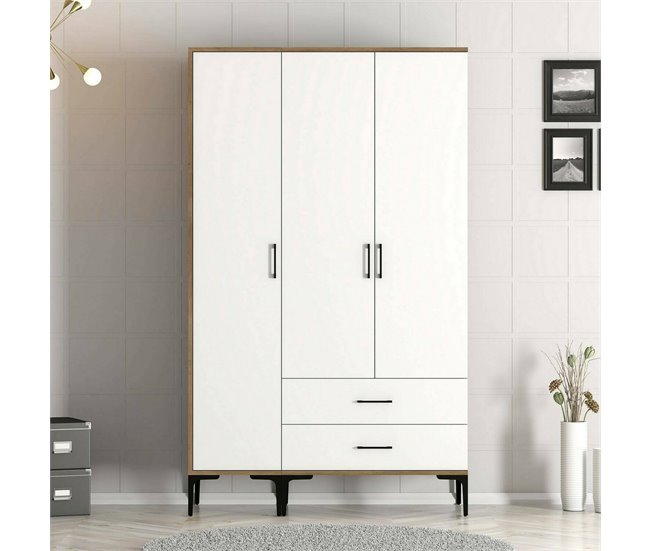 Armário de 3 portas com efeito madeira 120 Branco/ Madeira