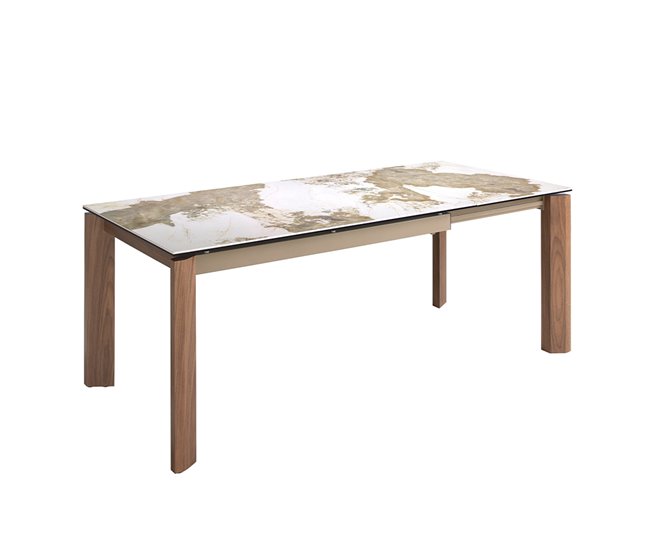 ANGEL CERDA Mesa de jantar extensível retangular mármore porcelânico e nogueira 200x90 Natural/ Branco