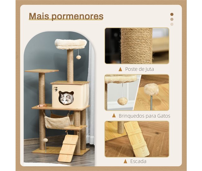 Árvore para Gatos MDF, Juta, Pelúcia PawHut Bege