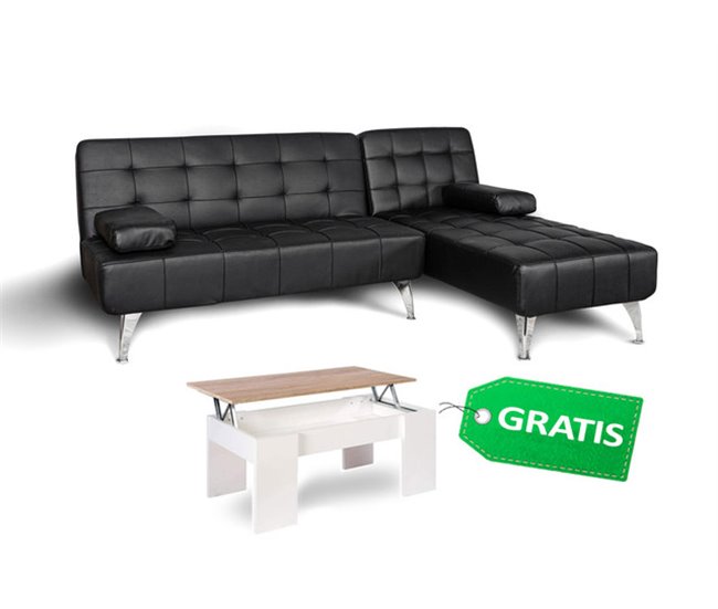 Sofá-cama com chaise longue e mesa de apoio Preto