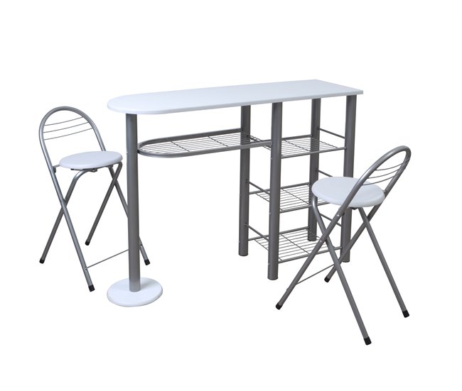 Conjunto balcão e 2 bancos de bar MALACCA II Branco/ Plateado