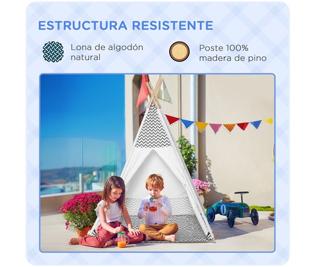 Tenda Tipi Infantil Madeira de Pinho, Poliéster e Algodão HOMCOM Cinza