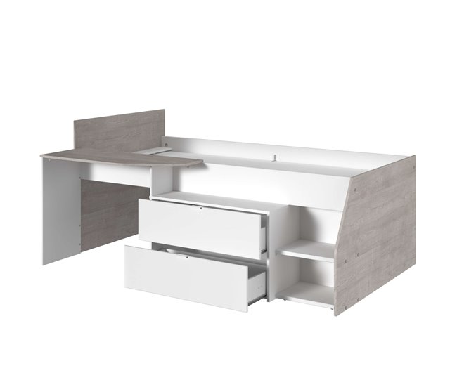 Cama infantil Valky com escrivaninha e 2 gavetas 203x135 Branco/cinza