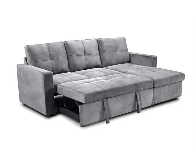 Sofá Cama Com Baú e Chaise Longue Cinza Claro