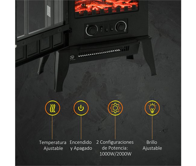 Lareira Elétrica Aço, Plástico e Vidro Temperado HOMCOM Preto