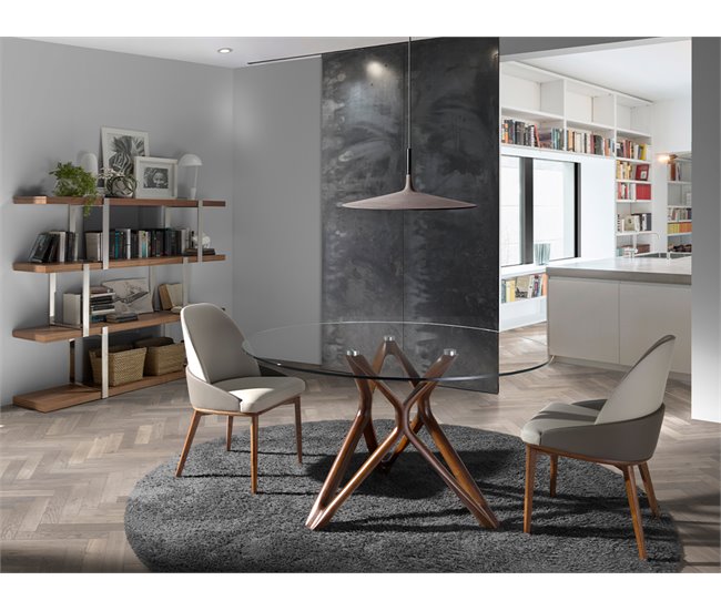 ANGEL CERDA Tabela de jantar redonda vidro temperado e nogueira 130x130 Nogal