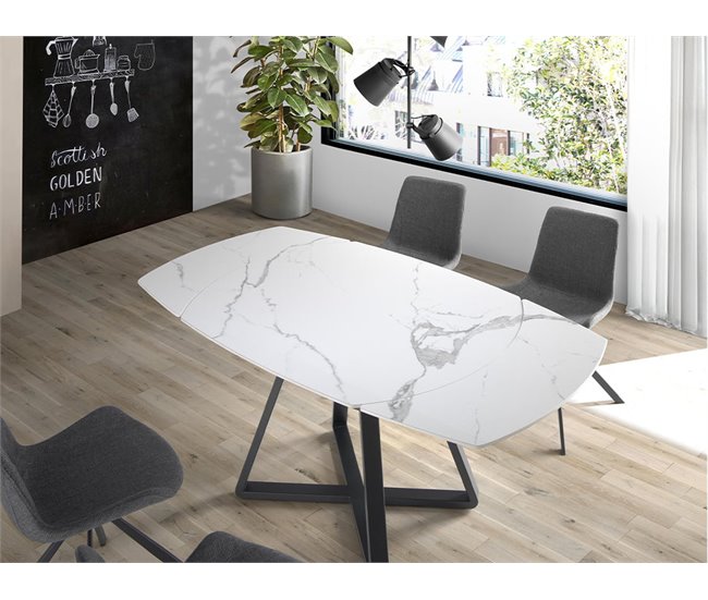 ANGEL CERDA Mesa de jantar extensível barril oval mármore porcelânico e aço preto 178x90 Branco