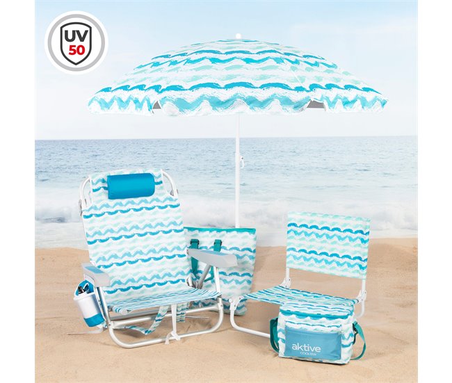 Aktive Pack de praia com guarda-chuva + cooler + 2 cadeiras Azul