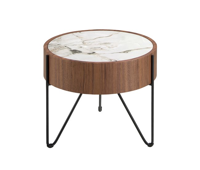 ANGEL CERDA Mesa de canto redonda em mármore porcelânico, nogueira e aço preto Branco/ Madeira