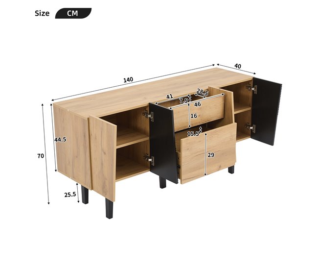 Aparador de painel de partículas com 4 portas e 2 gavetas Preto/ Madeira