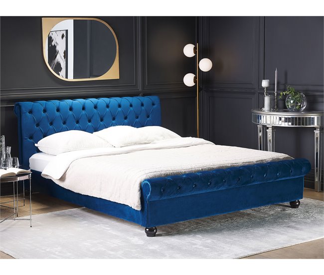 Beliani Cama com estrado Veludo AVALLON 192x233 Azul Marino