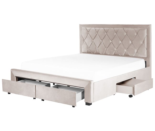 Beliani Cama com armazenamento Veludo LIEVIN 185x217 Bege
