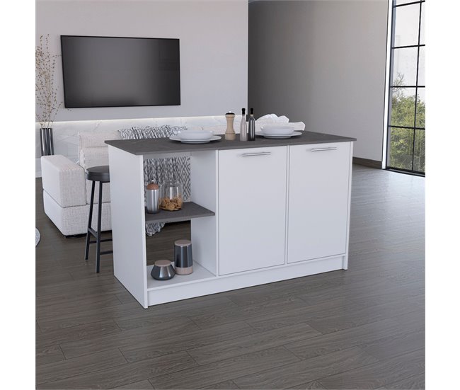 Ilha de cozinha Juniper em melamina com 2 portas e 6 prateleiras Branco