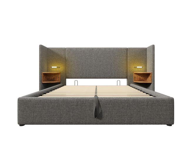 Cama estofada 160×200 - com mesa de cabeceira, candeeiro de leitura e carregador usb type-c, estrutura em madeira e metal com arrumação - cinza