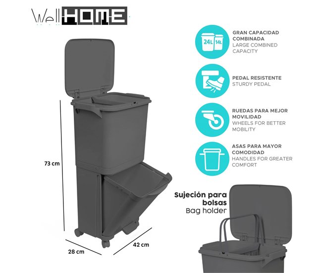 Lixeira de reciclagem com triagem seletiva e pedal Preto