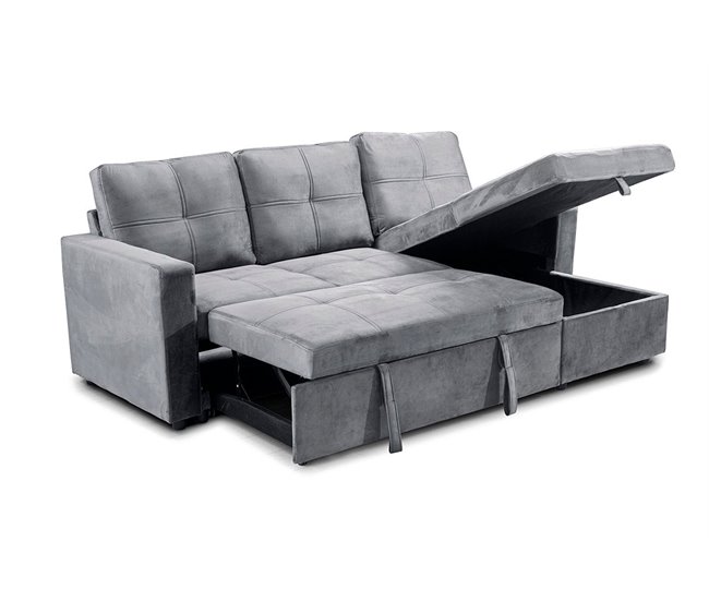 Sofá Cama Com Baú e Chaise Longue Cinza