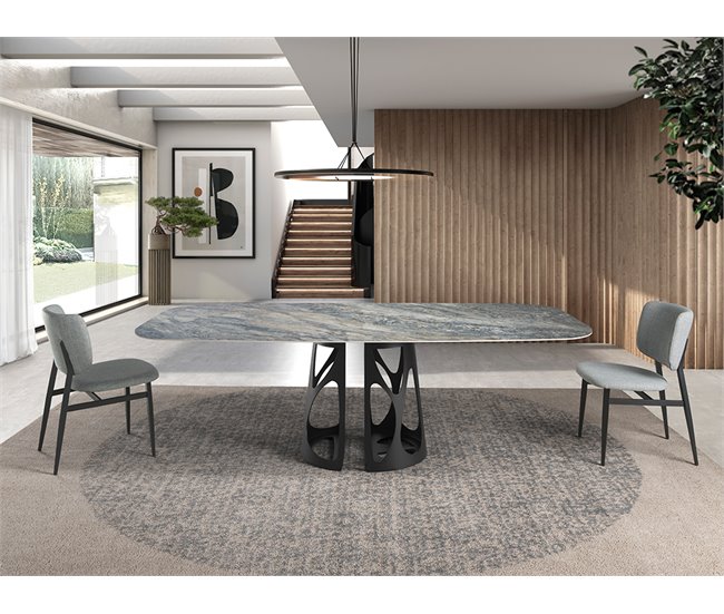 ANGEL CERDA Tabela de jantar barril oval mármore porcelânico e aço preto 238x110 Azul/ Preto