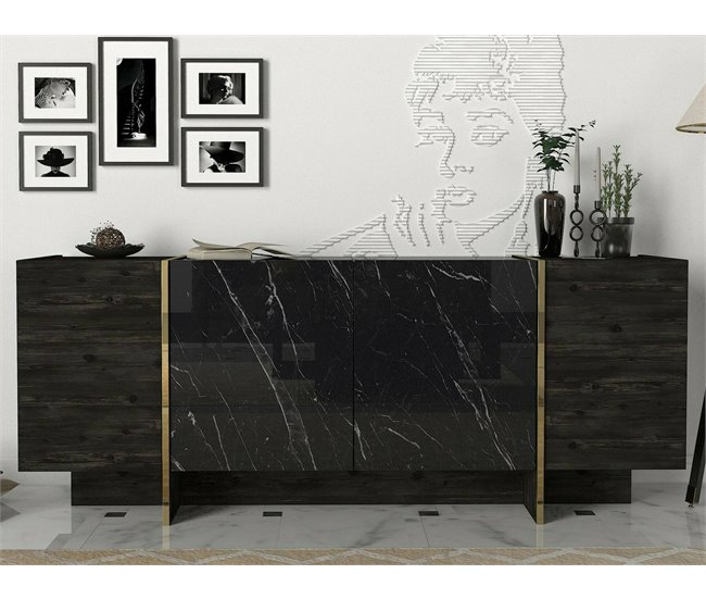 Aparador com efeito madeira Preto/ Dourado