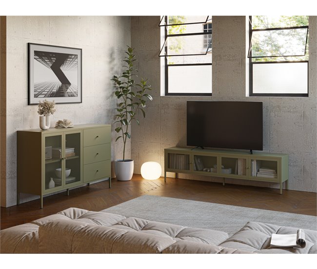 Aparador FAYNA com 2 portas 3 gavetas cor verde Verde