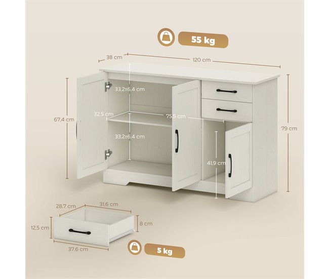 Aparador Melamina de Madeira, MDF HOMCOM Cru