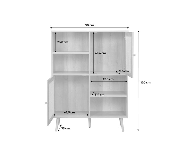 Aparador de arrumação de estilo boémio com efeito cana e madeira, 90 Madeira