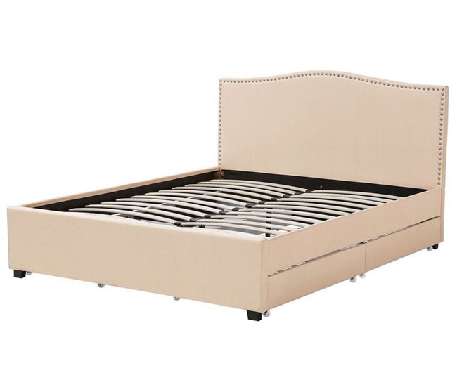 Beliani Cama com armazenamento Poliéster MONTPELLIER 187x213 Bege