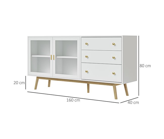 Aparador de Cozinha MDF, Vidro e Madeira de Borracha HOMCOM 160 Branco