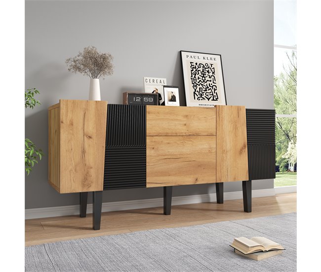 Aparador de painel de partículas com 4 portas e 2 gavetas Preto/ Madeira