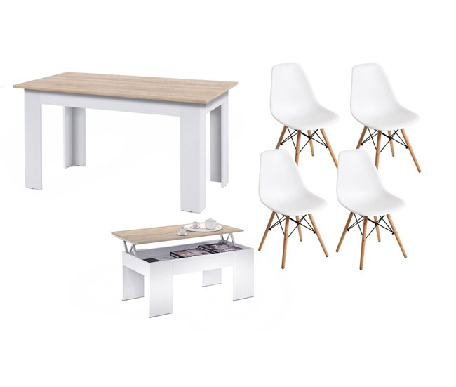 Pack Poupança: Mesa de Jantar + 4 Cadeiras + Mesa de Centro 140x80 Branco