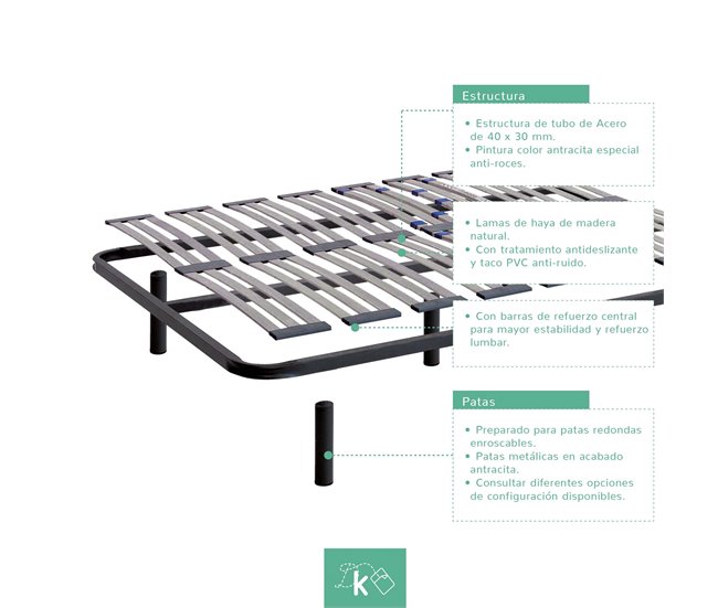 Base de cama com várias ripas em tubo de aço - apoio lombar com pernas 