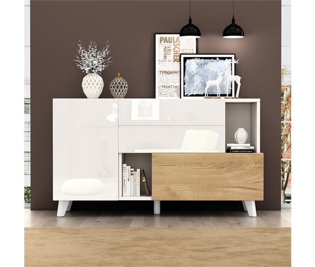 Aparador de painel de partículas com 2 portas e 2 gavetas Branco/ Madeira