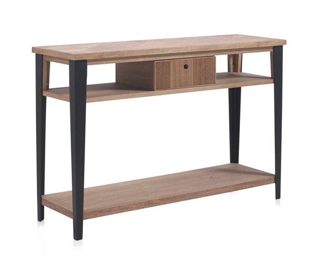 Console de madeira de freixo com gaveta e base de metal Preto