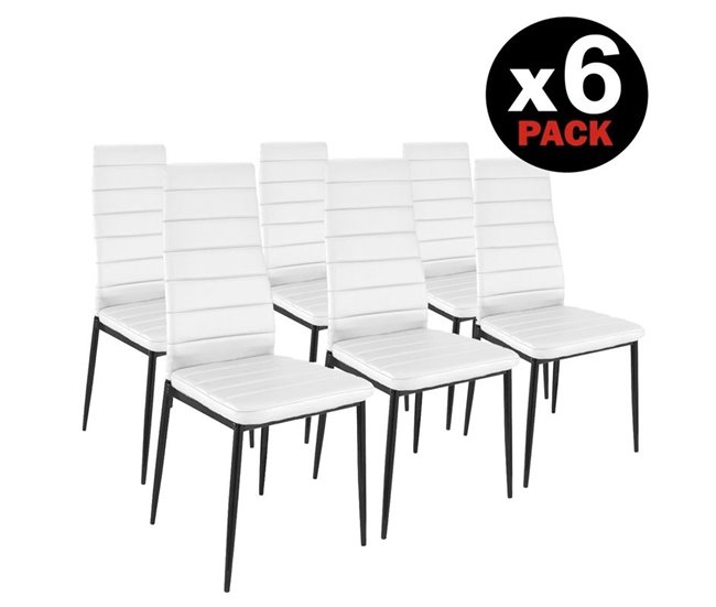 Pack 6 cadeiras de jantar em couro sintético Emi Branco/ Preto