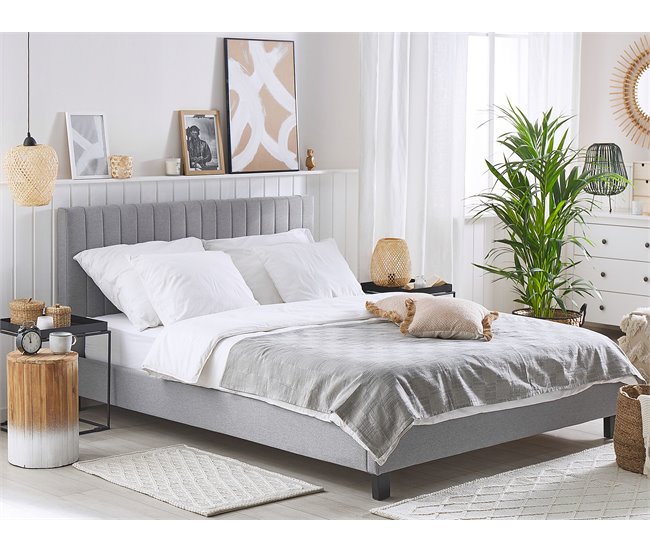 Beliani Cama com estrado Poliéster POITIERS 151x215 Cinza Claro