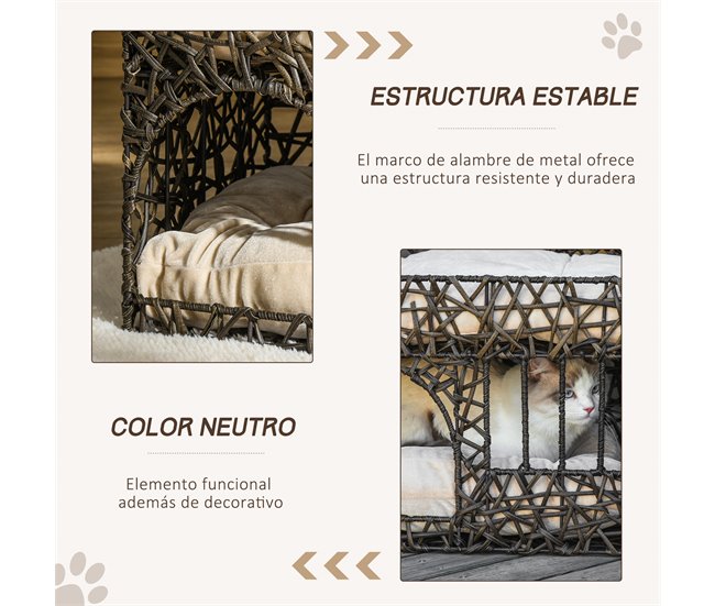 Cesta de Vime para Gatos Metal, Vime PE e Algodão PP PawHut Castanho