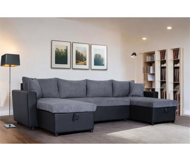 Sofá de canto U com cama 4 lugares e duas arcas GOLF cinza e preto Cinza